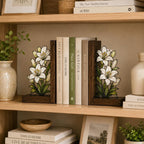 Weiße Lilien-Buchstützen aus Holz, florale Buchstützen im Buntglas-Stil für Bücherregal, botanische Deko
