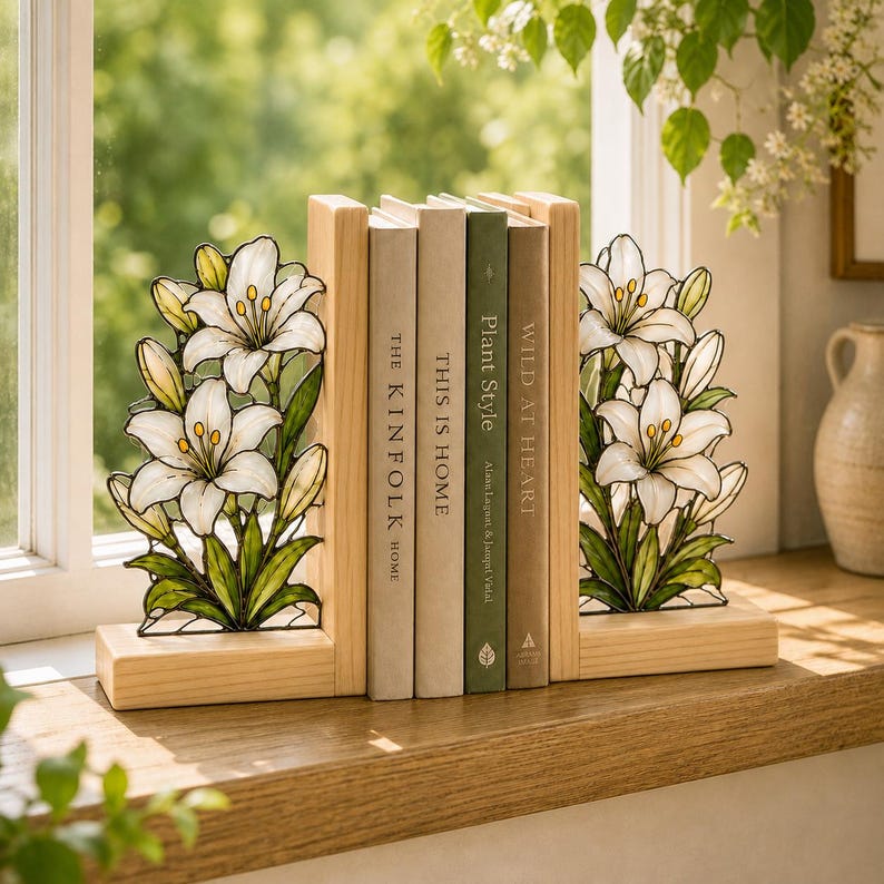 Weiße Lilien-Buchstützen aus Holz, florale Buchstützen im Buntglas-Stil für Bücherregal, botanische Deko