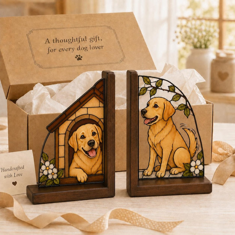 Buchstützen mit Golden Retriever und Hundehütte, Buntglasoptik, Holzrahmen, 2er-Set, Deko für Bücherregal