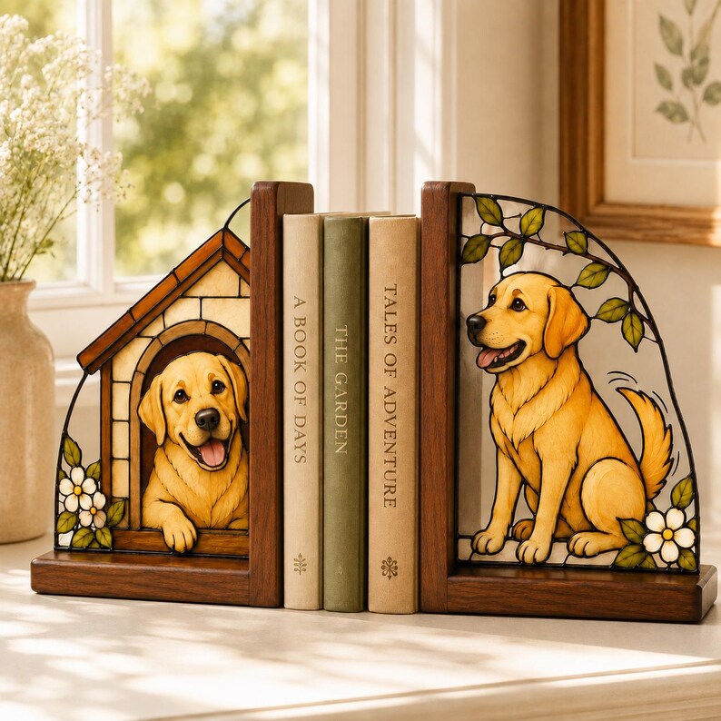 Buchstützen mit Golden Retriever und Hundehütte, Buntglasoptik, Holzrahmen, 2er-Set, Deko für Bücherregal