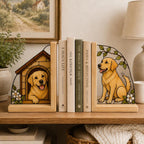 Buchstützen mit Golden Retriever und Hundehütte, Buntglasoptik, Holzrahmen, 2er-Set, Deko für Bücherregal