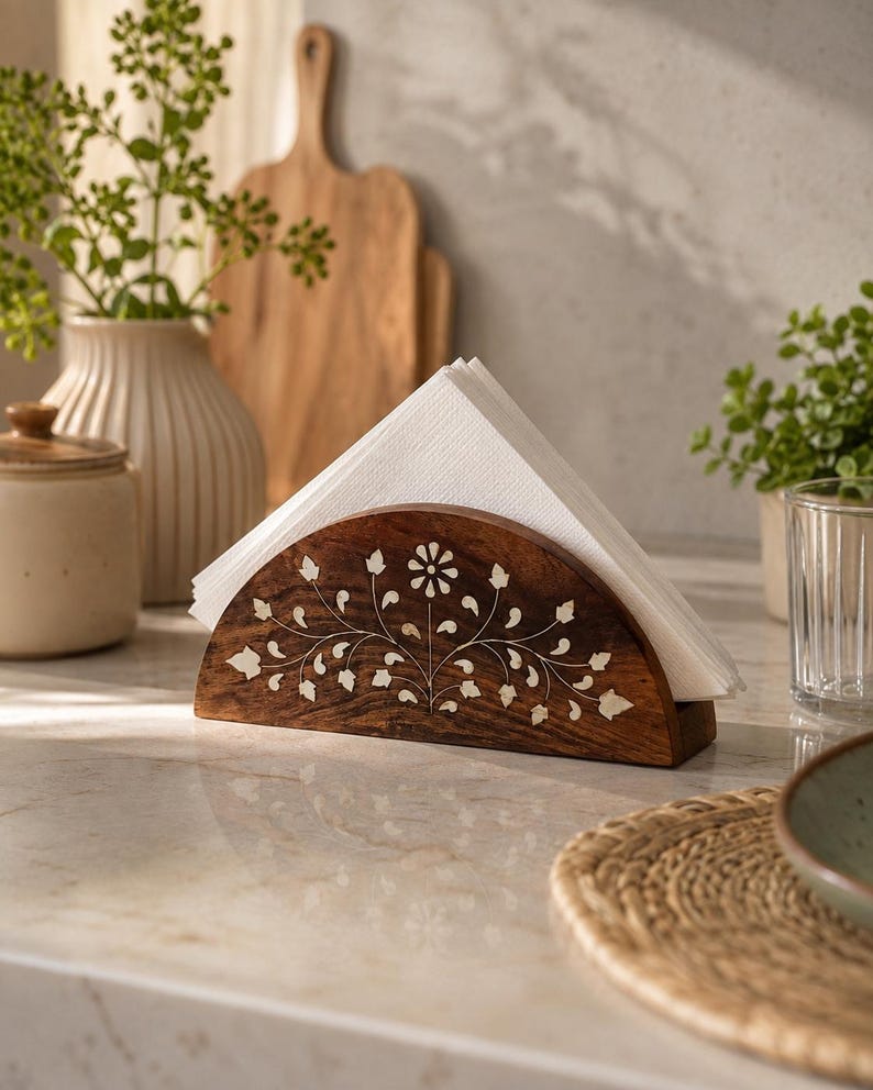 Serviettenhalter aus Holz mit Messingverzierung und floraler Gravur, Tischdeko-Organizer, Einzugsgeschenk