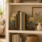 Buchstützen mit Hortensienmotiv aus Holz und Buntglas, Blumendekoration für Bücherregal, botanische Buchstützen im Buntglas-Stil