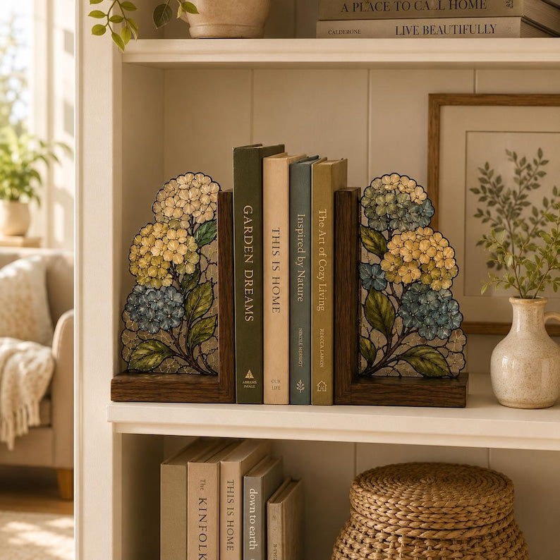 Buchstützen mit Hortensienmotiv aus Holz und Buntglas, Blumendekoration für Bücherregal, botanische Buchstützen im Buntglas-Stil