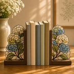 Buchstützen mit Hortensienmotiv aus Holz und Buntglas, Blumendekoration für Bücherregal, botanische Buchstützen im Buntglas-Stil