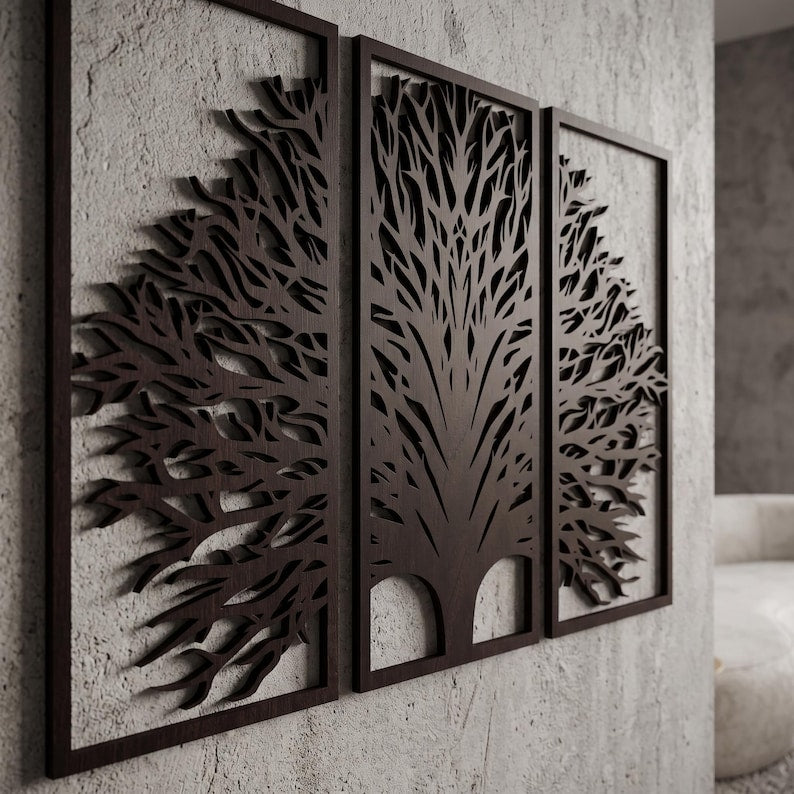 3-teiliges Wandbild aus Holz, Triptychon Baumkunst, Japandi Wandpaneel-Dekor, großes Wandbild, moderne Holzkunst