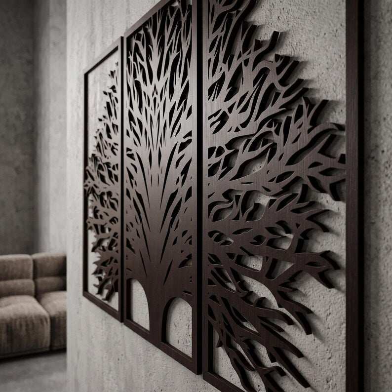 3-teiliges Wandbild aus Holz, Triptychon Baumkunst, Japandi Wandpaneel-Dekor, großes Wandbild, moderne Holzkunst