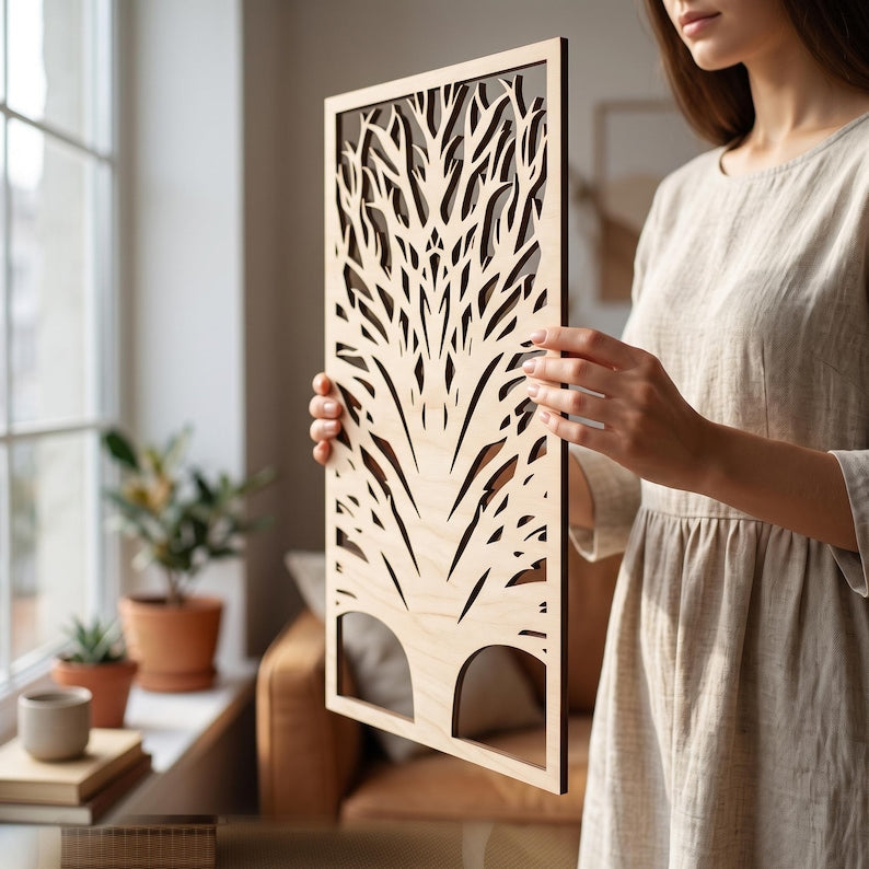 3-teiliges Wandbild aus Holz, Triptychon Baumkunst, Japandi Wandpaneel-Dekor, großes Wandbild, moderne Holzkunst