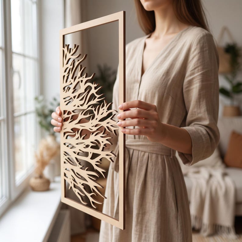 3-teiliges Wandbild aus Holz, Triptychon Baumkunst, Japandi Wandpaneel-Dekor, großes Wandbild, moderne Holzkunst