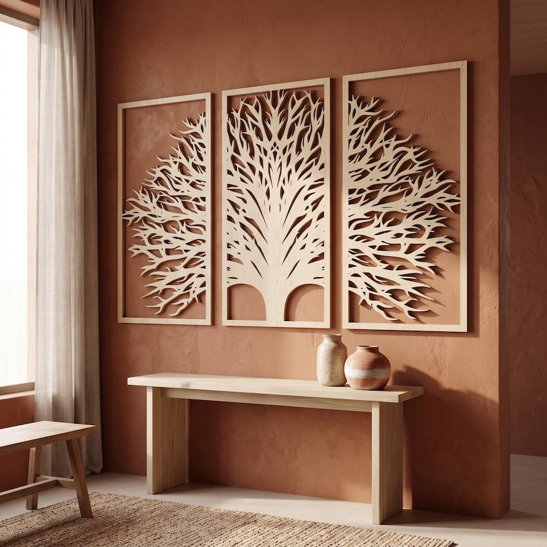 3-teiliges Wandbild aus Holz, Triptychon Baumkunst, Japandi Wandpaneel-Dekor, großes Wandbild, moderne Holzkunst