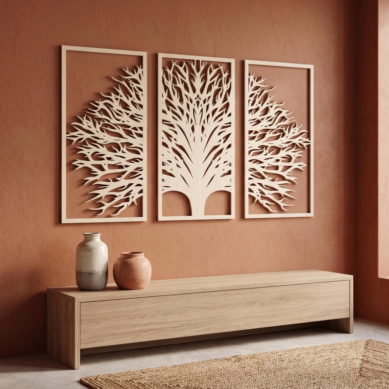 3-teiliges Wandbild aus Holz, Triptychon Baumkunst, Japandi Wandpaneel-Dekor, großes Wandbild, moderne Holzkunst