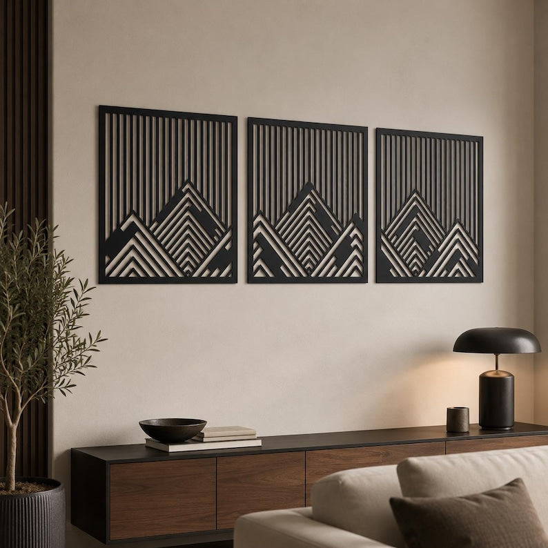 Berg-Metallwandbild 3-teilig, Triptychon Wanddekoration, moderne Metallkunst, 8-36 Zoll, Schwarz Weiß Grau Bronze
