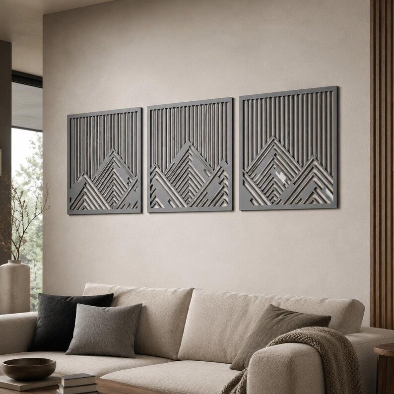 Berg-Metallwandbild 3-teilig, Triptychon Wanddekoration, moderne Metallkunst, 8-36 Zoll, Schwarz Weiß Grau Bronze