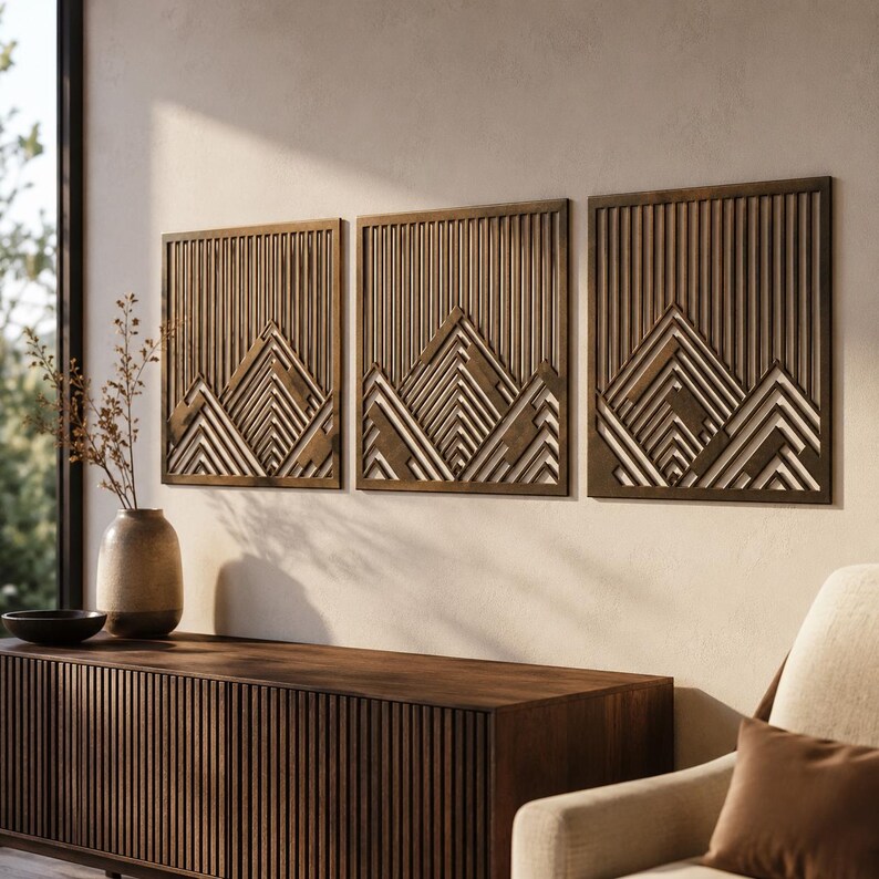 Berg-Metallwandbild 3-teilig, Triptychon Wanddekoration, moderne Metallkunst, 8-36 Zoll, Schwarz Weiß Grau Bronze