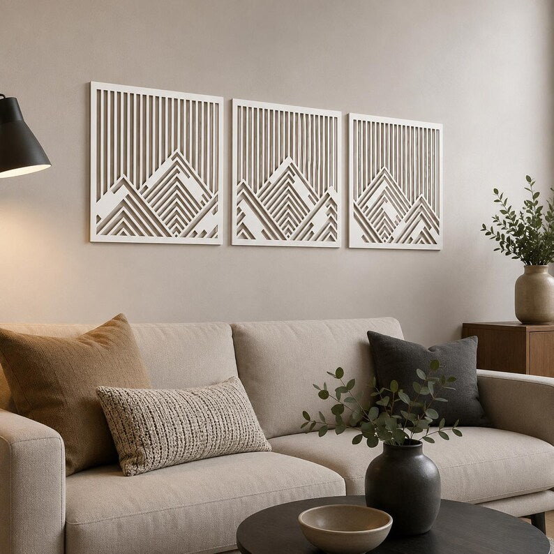 Berg-Metallwandbild 3-teilig, Triptychon Wanddekoration, moderne Metallkunst, 8-36 Zoll, Schwarz Weiß Grau Bronze
