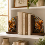 Squirrel Bookends Set of 2, Stained Glass Style Wooden Book Ends, Autumn Acorn Decor, Woodland Shelf Decor for Bookshelf