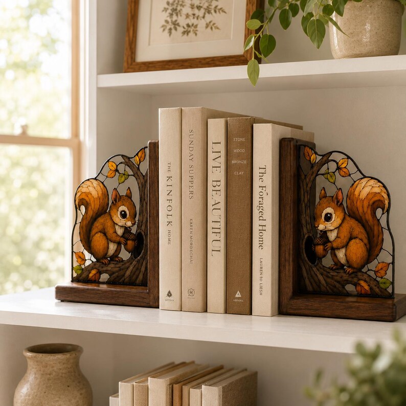 Squirrel Bookends Set of 2, Stained Glass Style Wooden Book Ends, Autumn Acorn Decor, Woodland Shelf Decor for Bookshelf