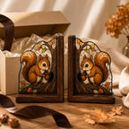 Squirrel Bookends Set of 2, Stained Glass Style Wooden Book Ends, Autumn Acorn Decor, Woodland Shelf Decor for Bookshelf