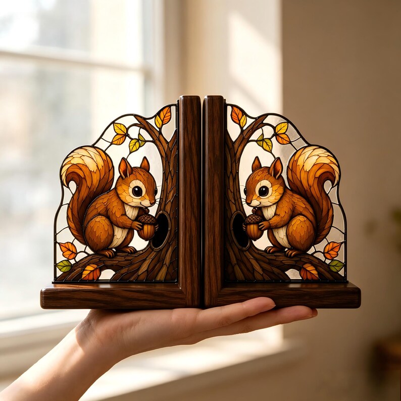 Squirrel Bookends Set of 2, Stained Glass Style Wooden Book Ends, Autumn Acorn Decor, Woodland Shelf Decor for Bookshelf