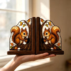 Squirrel Bookends Set of 2, Stained Glass Style Wooden Book Ends, Autumn Acorn Decor, Woodland Shelf Decor for Bookshelf