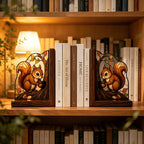 Squirrel Bookends Set of 2, Stained Glass Style Wooden Book Ends, Autumn Acorn Decor, Woodland Shelf Decor for Bookshelf
