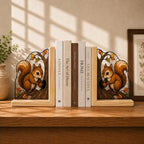 Squirrel Bookends Set of 2, Stained Glass Style Wooden Book Ends, Autumn Acorn Decor, Woodland Shelf Decor for Bookshelf