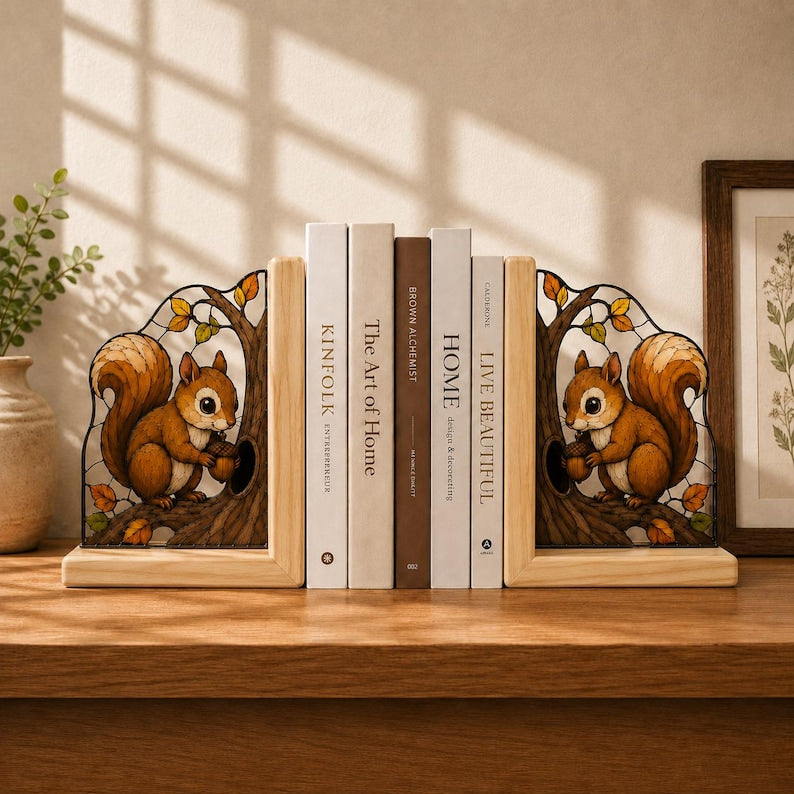 Squirrel Bookends Set of 2, Stained Glass Style Wooden Book Ends, Autumn Acorn Decor, Woodland Shelf Decor for Bookshelf
