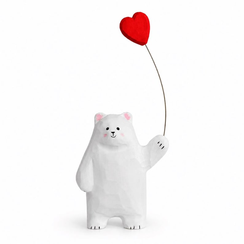 Braunbär Holzfigur mit Herzballon, handgeschnitzte Bärenstatue, Tischdeko, rustikale Wohndekoration