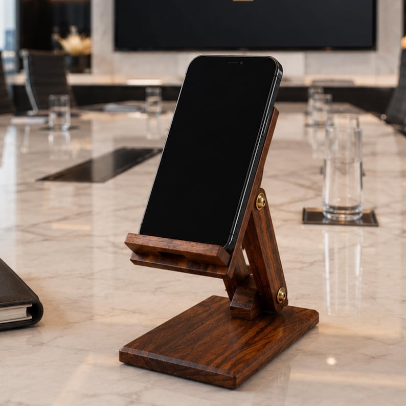 Verstellbare Handyhalterung aus Hartholz für Schreibtisch, kompatibel mit Smartphones, Büro-Zubehör