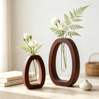 Holzvase mit Reagenzglas | Minimalistische Tischvase für frische und Trockenblumen