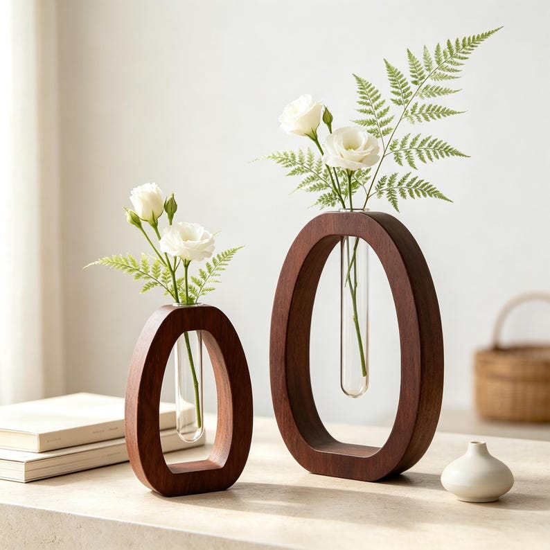 Holzvase mit Reagenzglas | Minimalistische Tischvase für frische und Trockenblumen