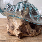 Geschmolzene Glasvase auf natürlichem Treibholzständer, mundgeblasener Glasterrarium-Übertopf, Boho-Küstendekoration, rustikales Waldheimdekor
