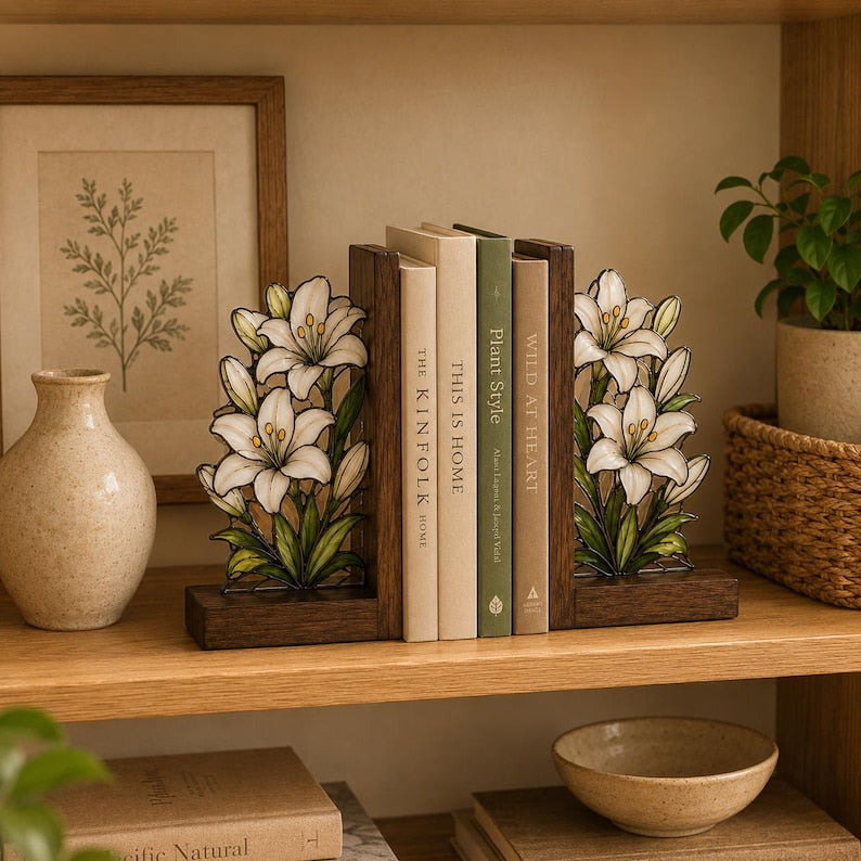 Weiße Lilien-Buchstützen aus Holz, florale Buchstützen im Buntglas-Stil für Bücherregal, botanische Deko