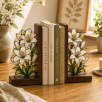 Weiße Lilien-Buchstützen aus Holz, florale Buchstützen im Buntglas-Stil für Bücherregal, botanische Deko