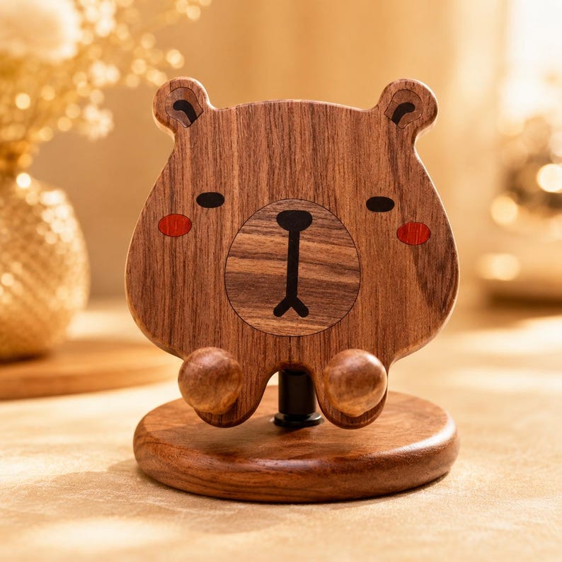 Handyhalter Bärenform aus Naturholz, stabiler Smartphone-Ständer für Schreibtisch, 15 cm