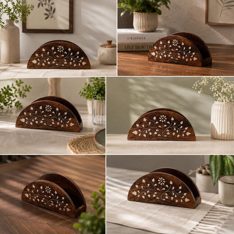 Serviettenhalter aus Holz mit Messingverzierung und floraler Gravur, Tischdeko-Organizer, Einzugsgeschenk